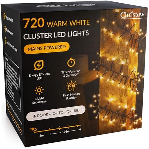 Image of CHRISTOW 720 LED Cluster Christmas Tree Lights, Warm White Fairy Lights with Timer, 8 Light Modes, Energy Efficient 3mm Micro LEDs, Indoor & Outdoor, Mains Powered, Green Cable, 8.98m Lit Length