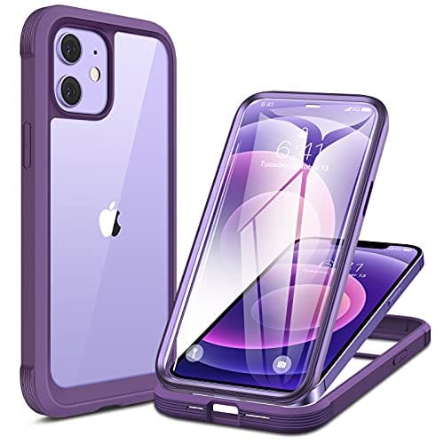 Image of Miracase Compatible with iPhone 12/12 Pro Case 6.1 inch, [Built-in Glass Screen Protector] Full Body Rubber Bumper Case Cover (Purple)