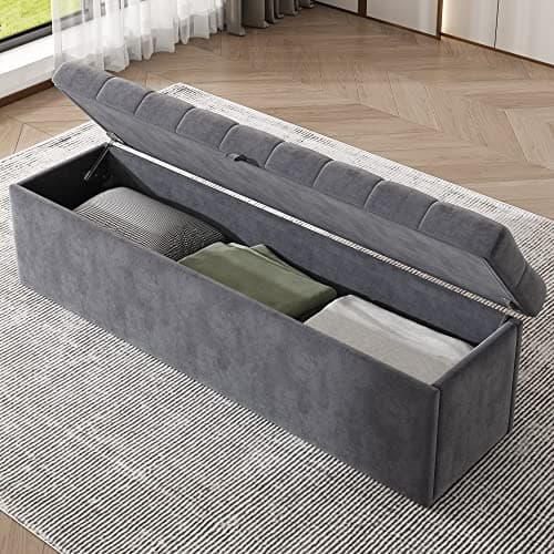 Image of ModernLuxe Ottoman Storage Bench, Upholstered Velvet Blanket Box, End of Bed Storage Bench, Footstool with Storage, Suitable for Hallway, Living Room, Bedroom, 135x41x42cm, Grey