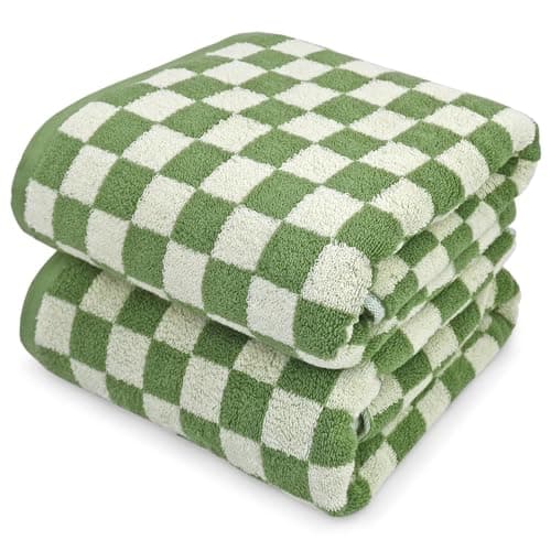 Image of Jacquotha Bath Towels Set of 2 - Luxury Shower Towels 55” x 27.5”, Cotton Beach Towel Green Checkered, Absorbent Quick Dry Body Towels 520GSM, Gifts