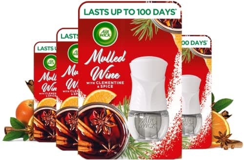 Image of Air Wick Plug in Diffuser Kit, Mulled Wine, Pack 4 x Kits, 1 Device & 1 Refill, Long Lasting Fragrance, Lasts up to 400 Days, Plug in Air freshener
