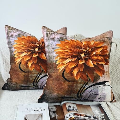 Image of OYIMUA Set of 2 Chenille Cushion Covers 40cm x 40cm Brown Modern Floral Throw Pillow Covers Luxury Decorative Pillows Scatter Cushion Cover Square Soft Pillowcases 16 x 16