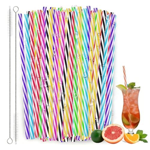 Image of 100Pcs Reusable Plastic Straws, Colorful Striped Drinking Straw with Cleaning Brush, Dishwasher Safe, Plastic Straws for Family Bars Cafes BBQ Parties, Straw for Smoothies, Juice, Cocktail, Milk, Tea
