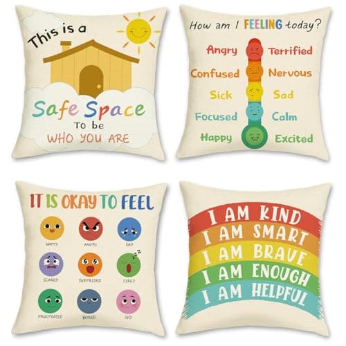 Image of COZZSNUGE Calming Corner Cushion Covers Sun Rainbow Kids Polyester Decorative Pillowcases for Sofa Bed Home Classroom Reading Corner 45 x 45 cm Set of 4