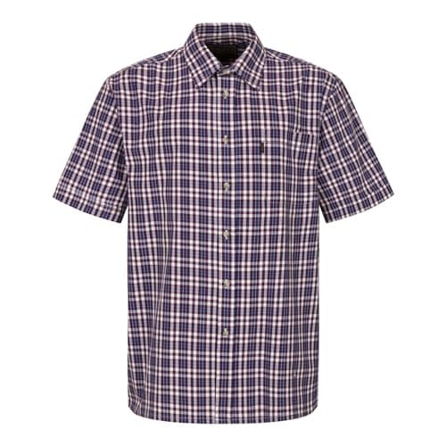 Image of WALKER AND HAWKES - Men's Checkered Blue and Red 100% Cotton Short Sleeve Canterbury Country Shirt with Pocket Classic-Fit - Wine - Large (42'')