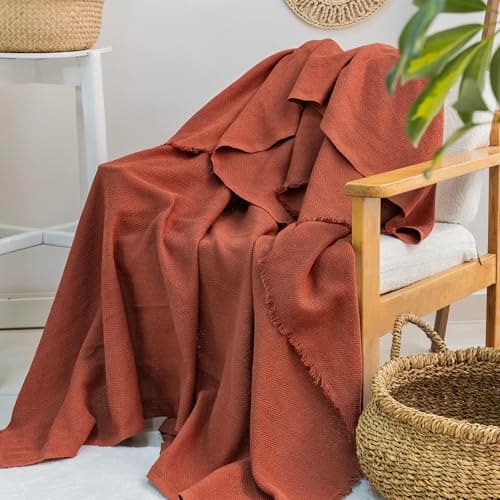 Image of Milam London Cotton Throw Blanket | Soft Throws For Armchairs, Sofa, Settee | Single Bed Throw, Terracotta - 170 x 200 cm