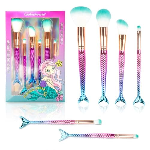 Image of 6 Piece Mermaid Makeup Brush Set Cute Girl Makeup Brush Set Beauty Makeup Tools Female Beauty Concealer Cream Brush, Suitable for Girls, Teenagers and Children Gifts