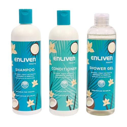 Image of Enliven Naturals Coconut & Vanilla Shower Gel, Shampoo & Conditioner Bundle - 500ml x 3 - Bath Set - Shampoo and Conditioner Sets - UK Produced & Suitable for Vegans