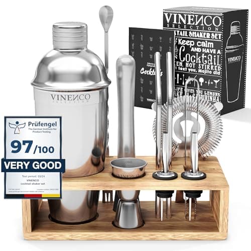 Image of Cocktail Shaker Set Manhattan with Stand + Recipes | Premium Stainless Steel Bar Kit: Strainer Double Jigger Mixing Spoon | Pro Bartender Making Drinks Mojito Gin Tonic Maker Party, Gift Box Women Men