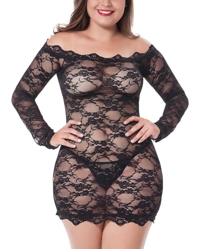 Image of LINGERLOVE Womens Plus Size Sexy Long Sleeve Lace Babydoll Lingerie Off Shoulder See Through Chemise Bodysuit Black
