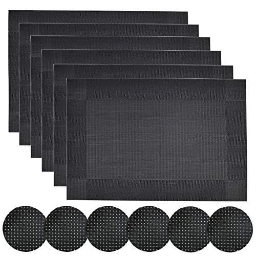 Image of Homcomodar Black Placemats and Coasters Set of 6 Dining Table Place Mats Set