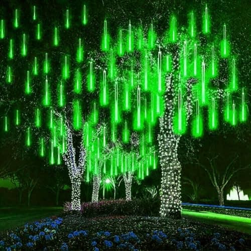 Image of JT2D LED Meteor Shower Solar Lights Outdoor, 30cm 10 Tubes 360LEDs Garden Waterproof Falling Raindrop Christmas Tree Lights (Green)