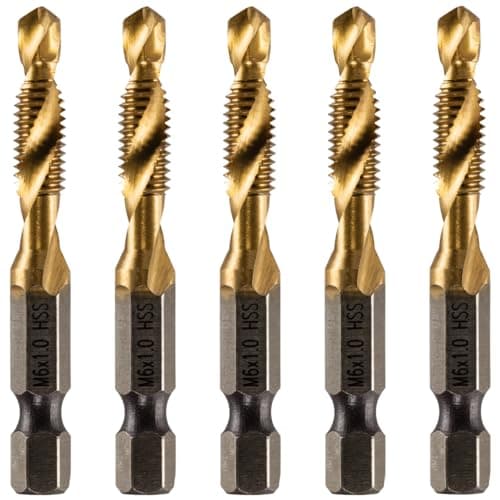 Image of Rennie Tools - Pack Of 5 - M6 x 1 Combination Drill and Tap Bit, 1/4" Hex Shank. Metric Coarse Titanium Coated HSS Spiral Flute Drilling Tapping Tool. 6mm x 1mm Pitch Drill Bit.