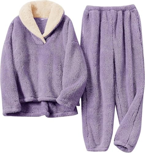 Image of Famulily Women Fuzzy Pajamas Sets Cosy Loose Tops and Fluffy Soft Pants with Pockets Loungewear 2PCS Purple L