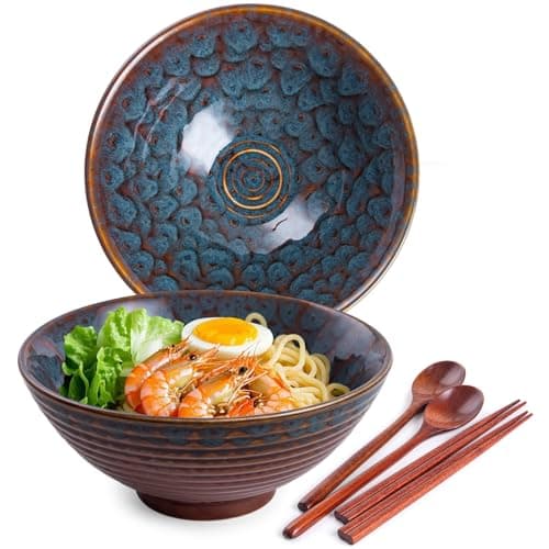 Image of Auanlay 1200ml Ceramic Ramen Bowl Set of 2 Japanese Noodle Bowls with Spoons and Chopsticks, Peacock Tail