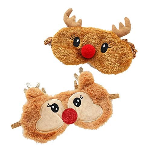 Image of 2PCS Plush Christmas Reindeer Eye Mask for Sleeping, Cute Fluffy Cartoon Animal Blindfold Eyeshade Travel Eye Cover for Women Men