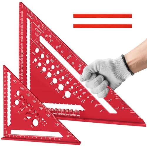 Image of Flintronic 2 Pcs Speed Square Set, 18+30cm/ 7+12inch Aluminum Alloy Triangle Ruler, Metric Woodwork Square with Carpenter Pencil* 2, Carpenters Squares for Angle Measuring Marking Drilled Hole, Red