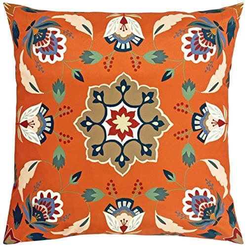 Image of furn. Folk Flora Polyester Filled Cushion – Water Resistant Folk Art Floral Mandala Outdoor Decorative Pillow (Orange - 43x43cm)