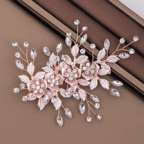 Image of Wedding Hair Clip Hair Accessories for Women Handmade Flower Rose Gold Rhinestone Headpiece Hair Pins for Bridal Bridesmaid Girls (Rose Gold)