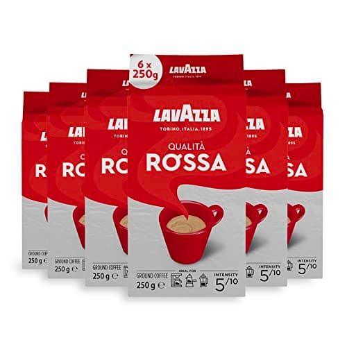 Image of Lavazza, Qualità Rossa, Ground Coffee, 6 x 250 g, Ideal for Moka Pots, with Aromatic Notes of Chocolate and Dried Fruits, Arabica and Robusta, Intensity 5/10, Medium Roasting