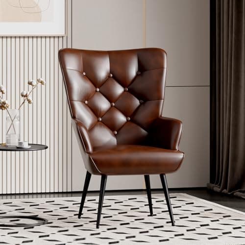 Image of Aivermeil Armchair Tub Chair,with Footstool,High back with gold legs Comfy,Leather Chair, for Bedrooms, Living rooms,Relaxation,150kg Load Capacity Brown, （no footstool