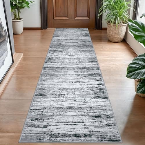 Image of Lansny Modern Abstract Hallway Runner Rug, Black Grey White White Washable Kitchen Runner Non-Slip Soft 2x8 Runner Rug Thin Print Faux Wool Carpet for Entryway Bedroom Laundry Room Indoor Home Decor
