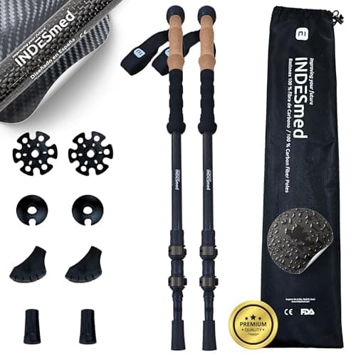 Image of INDESmed | 100% Carbon Fiber Trekking Poles Collapsible (2x) – Ultralight, Telescopic & Adjustable with Quick Metal Lock | Hiking Poles for Mountain Trails, Trail Running & Nordic Walking (Black)