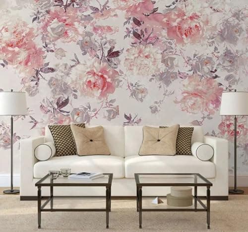 Image of XLMING Vintage Aesthetic Hand Drawn Pink Floral 3D Wallpaper Luxury Home Dining Decor Paste Sofa Living Room The Wall for Bedroom Mural-250cm×170cm
