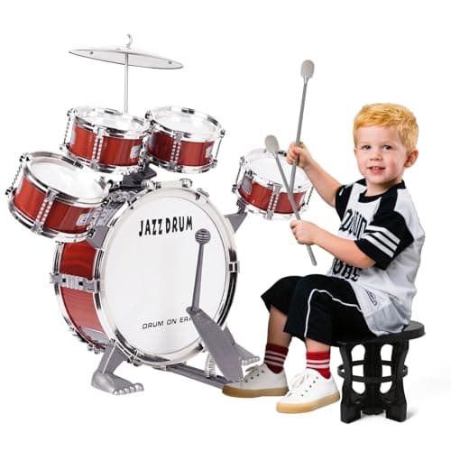 Image of m zimoon Kids Drum Kit, Junior Jazz Drum Set Toddler Toy 5 Drums with Stool Pedal Cymbal and Drumsticks Beginners Musical Instrument Percussion Holiday Birthday Educational Gift for Boys Girls, Red