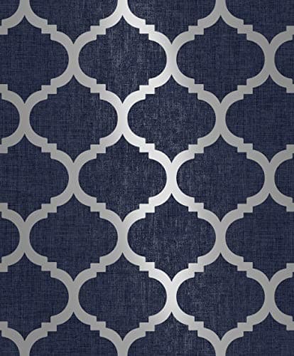 Image of Navy Blue Wallpaper Trellis Geometric Metallic Textured Silver Wallpaper Feature Wall