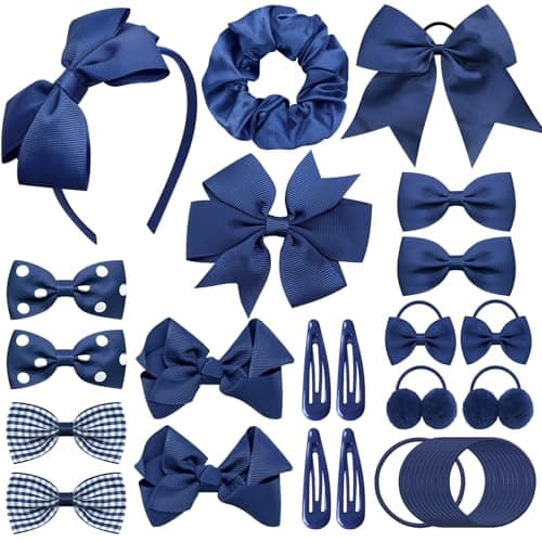 Image of Yueshop 50Pcs Navy Blue Girls School Hair Accessories Kit, Bow Hair Cips Ponytail Holder Elastics Headband Hair Ties Baby Hair Barrettes for Girls Christmas Birthday Gift