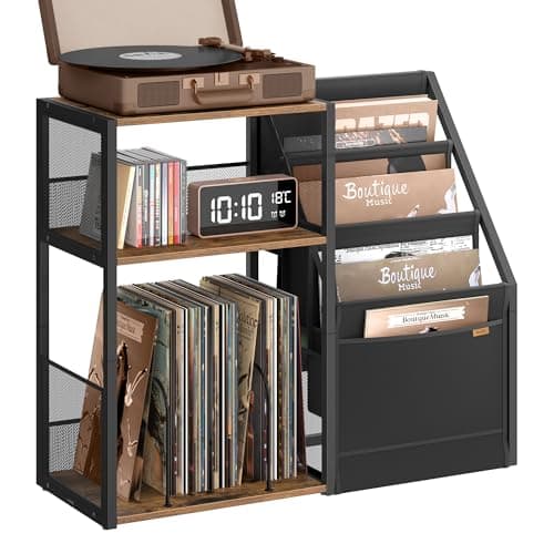 Image of VASAGLE Record Player Stand, 3-Tier Side Table, Vinyl Record Storage up to 140 Albums, End Table for Living Room, Bedroom, Rustic Brown LET276K01