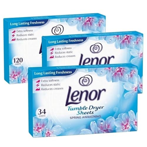Image of Lenor 3 Pack Fabric Conditioner Dryer Sheets Spring Awakening 34 Sheets Each | Long-Lasting Fresh Floral Scent | Reduces Static Cling | Softens Fabrics | Tumble Dryer Freshness Booster