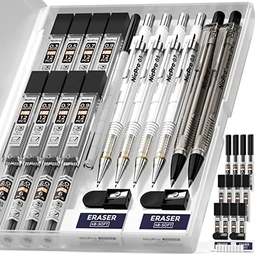Image of Nicpro 6PCS Art Mechanical Pencil Set, 4PCS Drawing Pencils 0.3 & 0.020 & 0.7 & 0.9mm & 2PCS 2mm Lead Holder (4B 2B HB 2H) For Writing, Sketching Drawing With 12 Tube Lead Refills Erasers