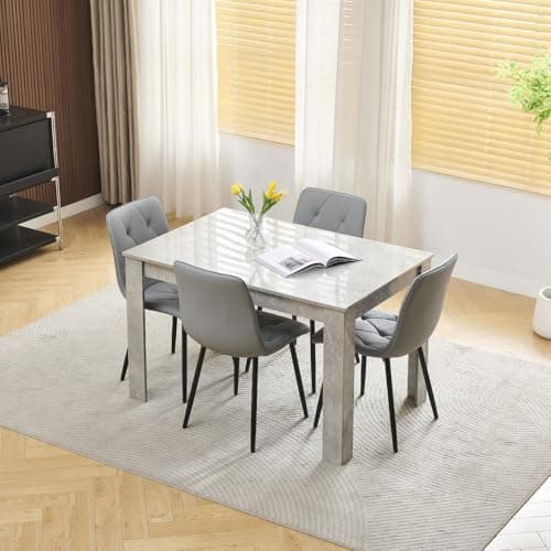 Image of Homullel 120cm Glossing Dining Table and 4 Chairs, 4 Seater Kitchen Table and Chairs Set for Space Saving, Compact Dining Room Set for 4, 120x80 cm, Wooden, Beton Grey (4 Seaters, PU Diamond Grey#5)