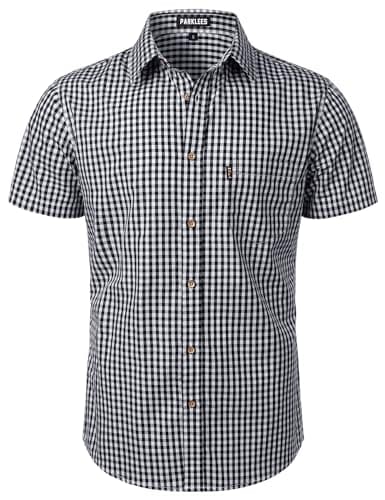 Image of PARKLEES Men's Casual Plaid Button Down Shirt Cotton Short Sleeve Gingham Dress Shirts Regular Fit with Pocket Black Gingham Large