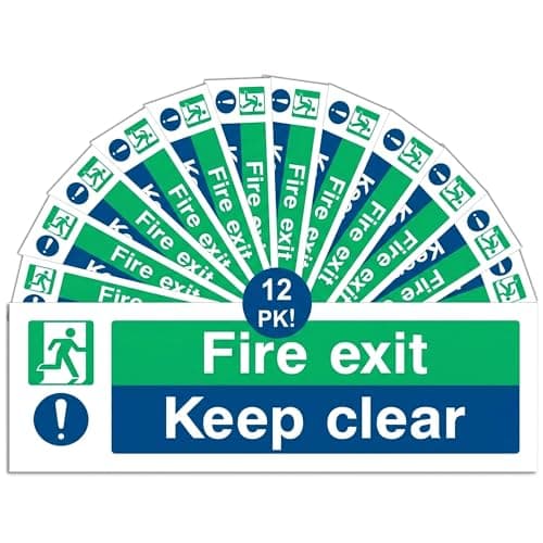 Image of Fire Exit Keep Clear Sign - Multipack 1/2/3/6/12 - Safety Signs - 30x10cm Self Adhesive Vinyl Sticker, Easy Application Fire Door Emergency Exit Signage (12)