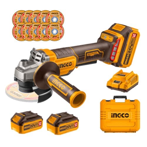 Image of INGCO 115mm Brushless Angle Grinder 20V Cordless Grinder Tools with 2Pcs 4.0Ah Battery and 1Pcs Charger, 35Pcs Cutting Discs