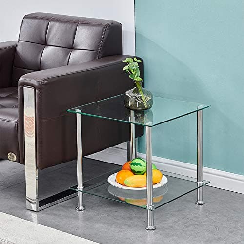 Image of BonChoice 2-Tier Square End Table Clear Glass Side Coffee Tables with Stainless Steel Legs, Storage Shelf for Living Room, Display Table for Small Space, 45×45×45.7cm (Square-Clear)