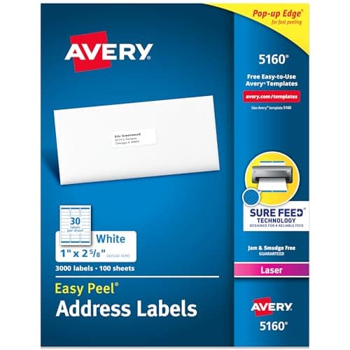 Image of Avery 5160 White Self-Adhesive Address Labels (White, Self-Adhesive Labels, Laser, Rectangular with Rounded Corners, 3000 Items, 100 Sheets)
