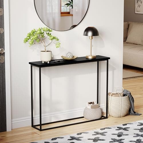 Image of Vida Designs Narrow Console Table 100cm | Slim Hallway Table for Small Spaces | Industrial Metal Frame & Wood Effect Top | Modern Entryway/Sofa Table | Easy Assembly | Black