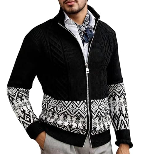 Image of Générique Mens Full Zip Cardigan Wool Sweater Men Sweatshirt Zipper Coat Winter Soft Warm Textured Fabric Casual Lapel Cardigan With Pockets Printed Ethnic Retro, Black, L