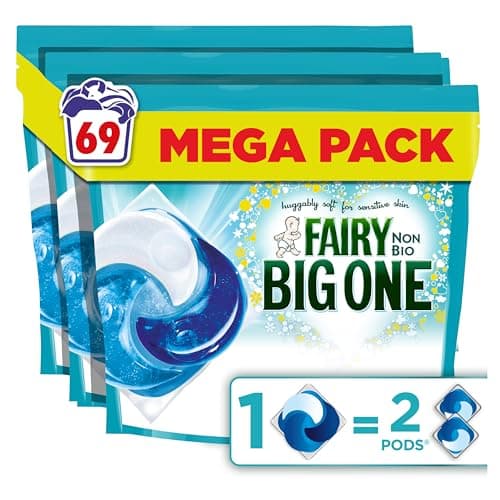 Image of Fairy Non Bio The Big One PODS®, Washing Liquid Laundry Detergent Capasules, 69 Washes (3x23), 2X Stain Removal, Huggably Soft For Sensitive Skin