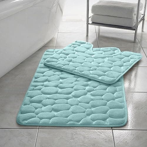 Image of EXQUIZIT HOME® Luxury Memory Foam Bath Mat Set 2 Piece – Non Slip Pebble Bathroom Rug & Pedestal Mat, Quick Dry Ultra Absorbent Soft Cushioned Mats 100% Polyester (Aqua)