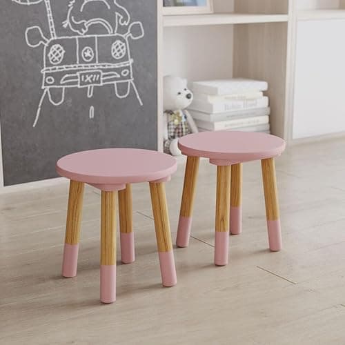 Image of URBNLIVING Kids Wooden Portable Stool, Lightweight and Anti-Slip, H26cm x D24cm, 2 Pcs Round Seat Pink Chair for Toddlers, Small Children, Home Decor for Desk, Table, Nursery, Kitchen, Bedroom
