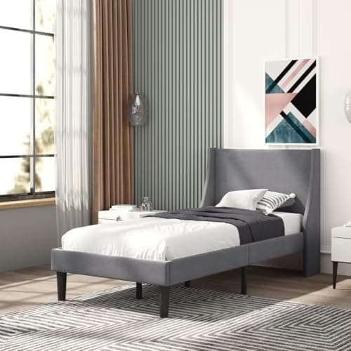 Image of BTM Soft Linen Grey Single Bed,3FT-90x190cm Upholstered Single Bed with Winged Headboard, Wood Slat Support, No Mattress