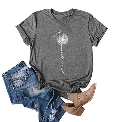 Image of MaQiYa Womens Cute Make A Wish Dandelion Printed Tee Shirts Summer Cotton Vintage Graphic Tees Tops - Grey - X-Large