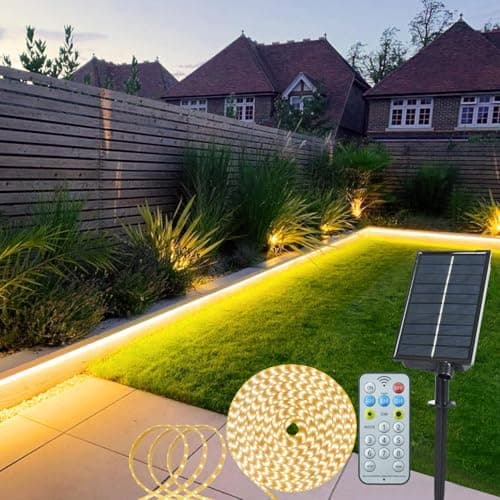 Image of echosari Solar LED Strip Lights Outdoor, 5M 320 LED Lights Strip with Remote 8 Modes Solar Garden Lights Outdoor Waterproof Rope Light for Fence Porch Gazebo Trees Backyard Decor(Warm White)