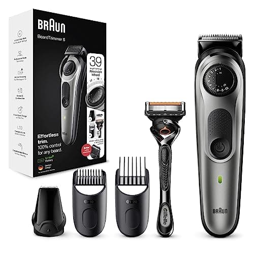 Image of Braun Beard Trimmer Series 5 & Hair Clippers with Gillette Fusion5 ProGlide Razor, 39 Length Settings, UK 2 Pin Plug, BT5260, Black/Silver