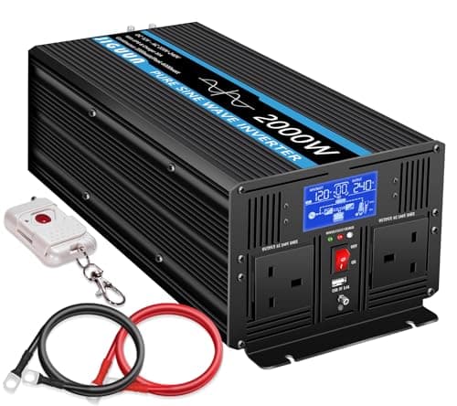 Image of JIGUUN 2000W Inverter 12V 240V Pure Sine Wave with 30A Charger and Mains Priority and UPS Function, 2 UK Sockets, Wireless Remote Control and LCD Display Peak Power 4000W